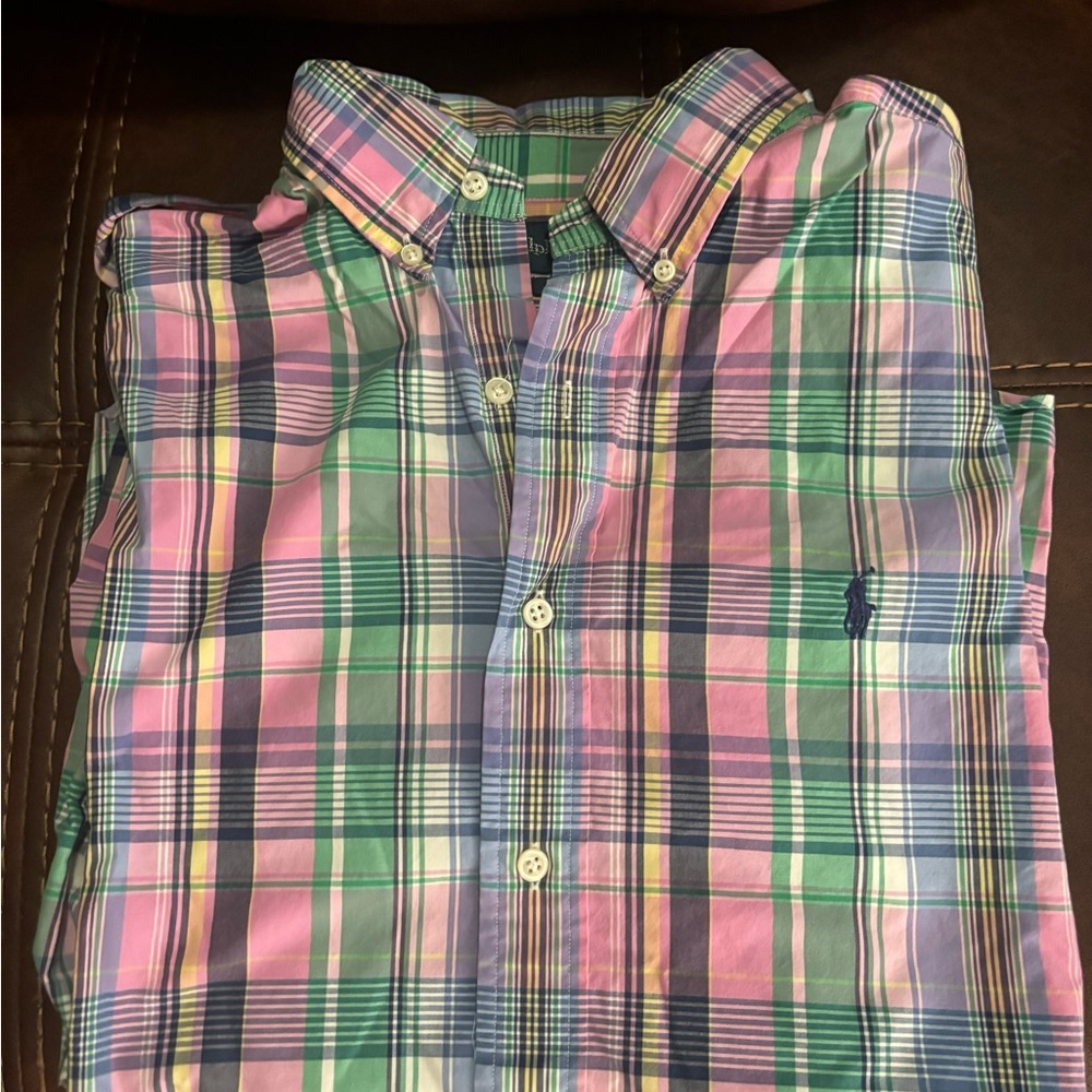 Ralph Lauren Men's Pink and Green Plaid Shirt Long Sleeve